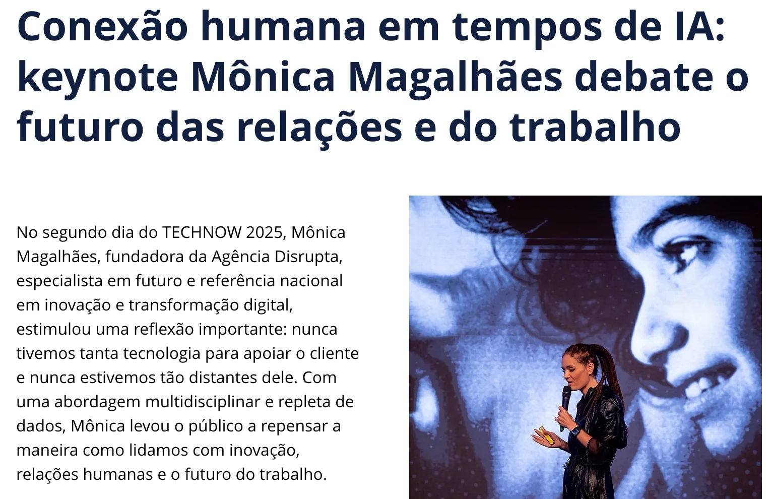 Reportagem da SUCESU-RS sobre a keynote de Monica Magalhaes no TECHNOW 2025, com o título da matéria e foto dela no palco